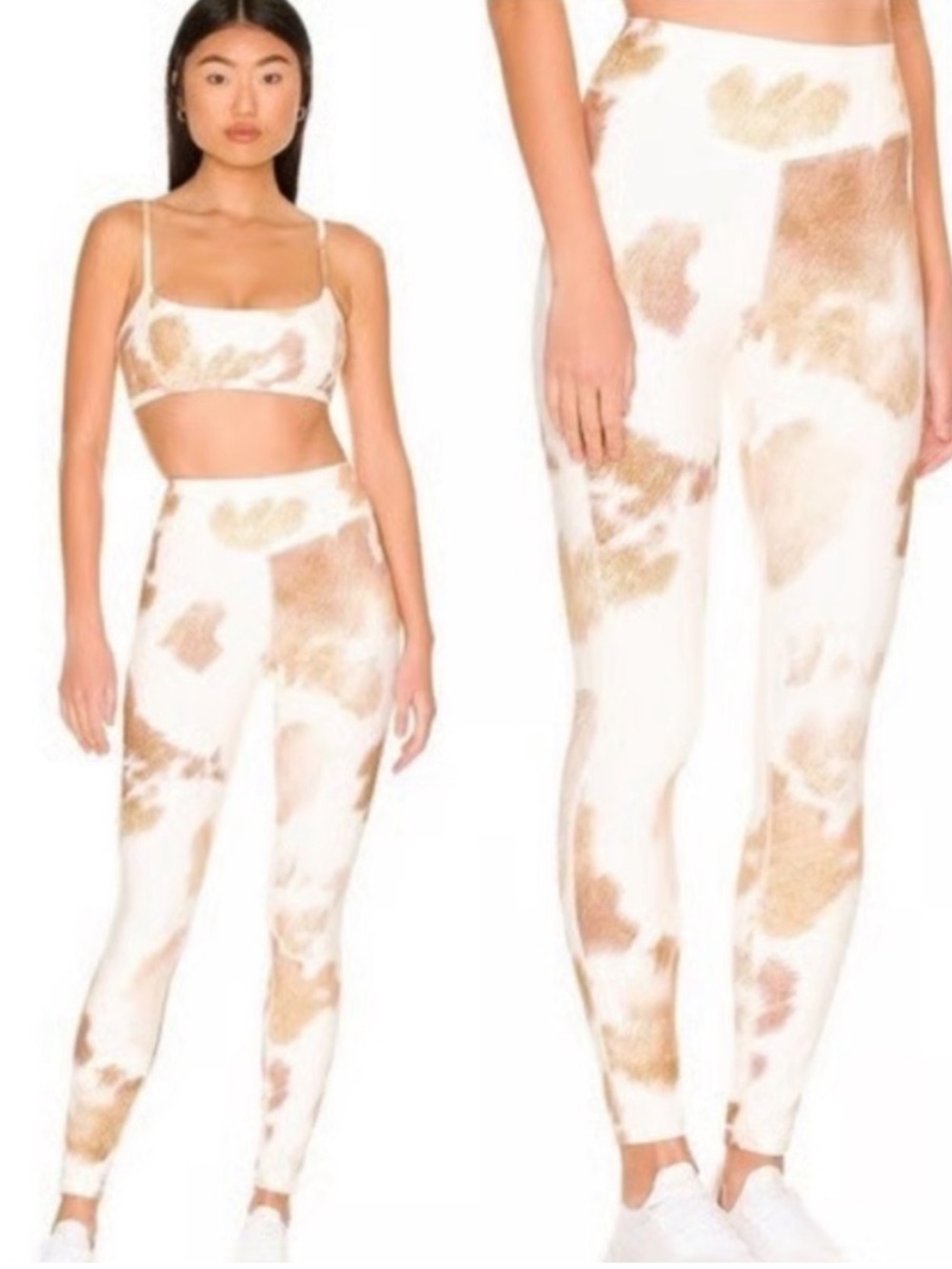 WeWoreWhat Cream & Tan Cow-Print activewear High-Waist Leggings & bra set